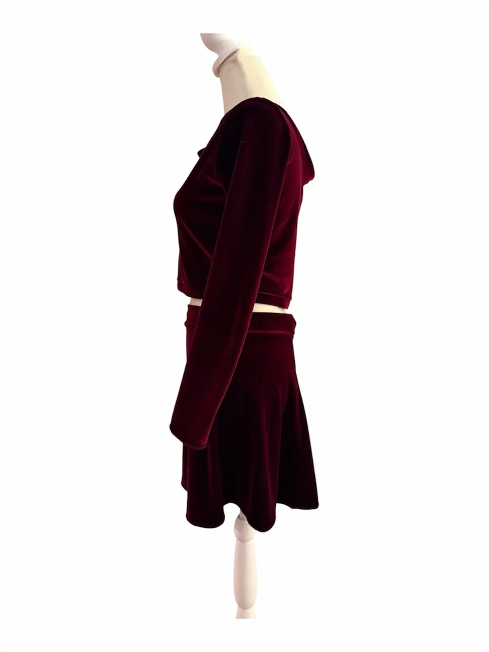 Vintage 90s Burgundy 2 Piece Velvet Long Sleeve Crop and Mini Skater Skirt Set L
